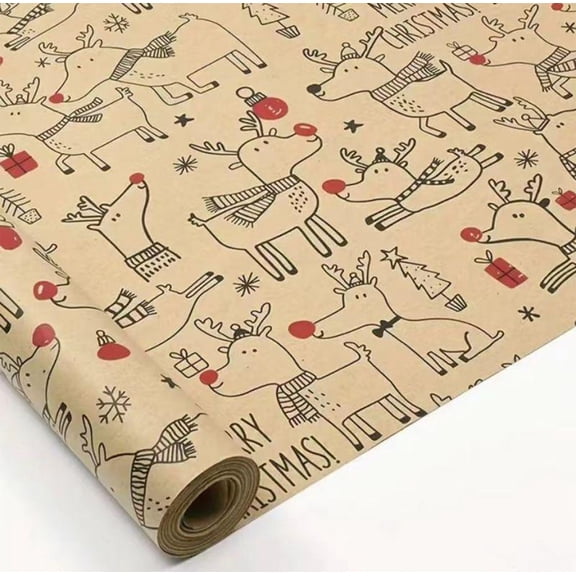 Vintage Kraft Christmas Wrapping Paper, 10 FT x 17 In Roll with Reindeer Designs, Heavy-Duty Recyclable Paper for Holiday Gift Wrapping