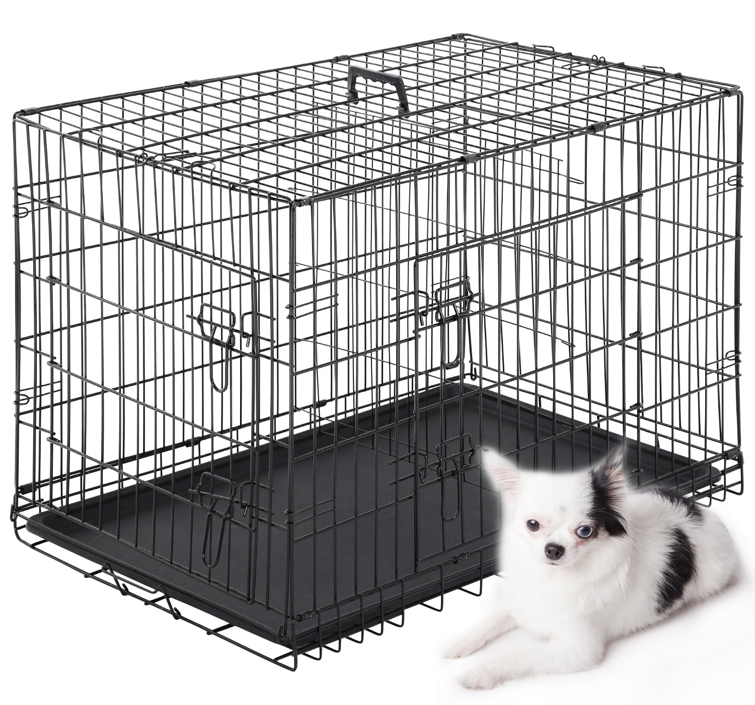 Dog Crate Dog Cage Dog Kennel Pet Crate with Plastic Tray and Handle Metal Wire Double Door Folding Fully Equipped Outdoor Indoor Animal cage for Large Dog Medium Dog 36 inches 