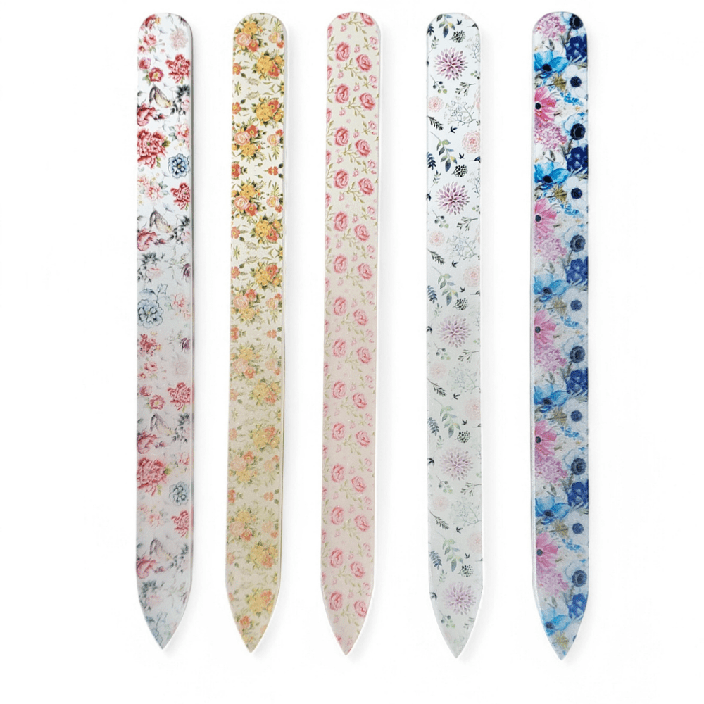 Full Bloom 5-Pack Glass Nail Files Set with Cases - Professional Etched Glass Manicure Files with Floral Designs - Gentle Nail Care Tools for Natural & Artificial Nails