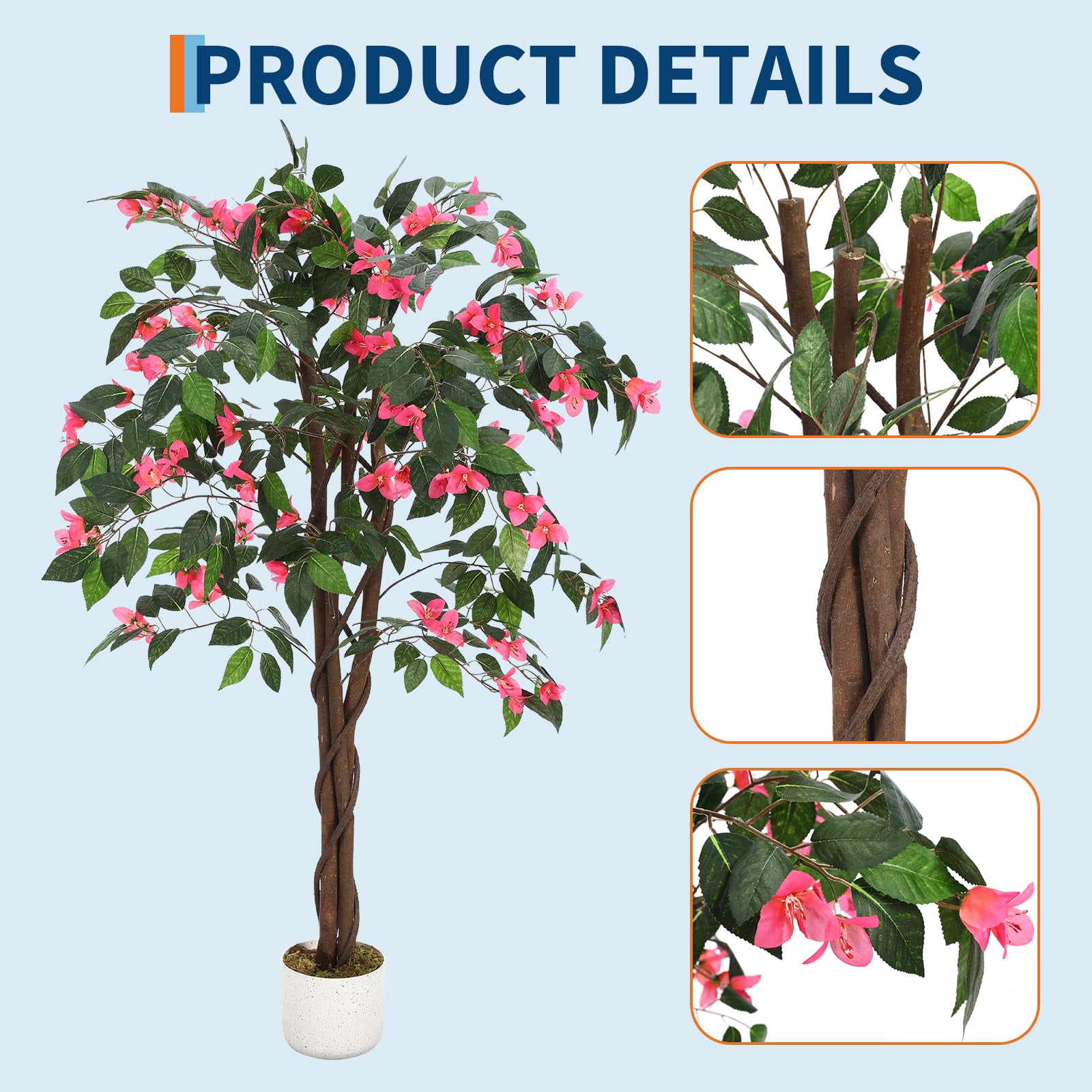 4ft Artificial Bougainvillea Tree with Pink Silk Flowers & Wood Trunk, Lifelike Faux Floor Plant for Indoor Outdoor Home Office Decor, UV Resistant Fake Tree with Planter