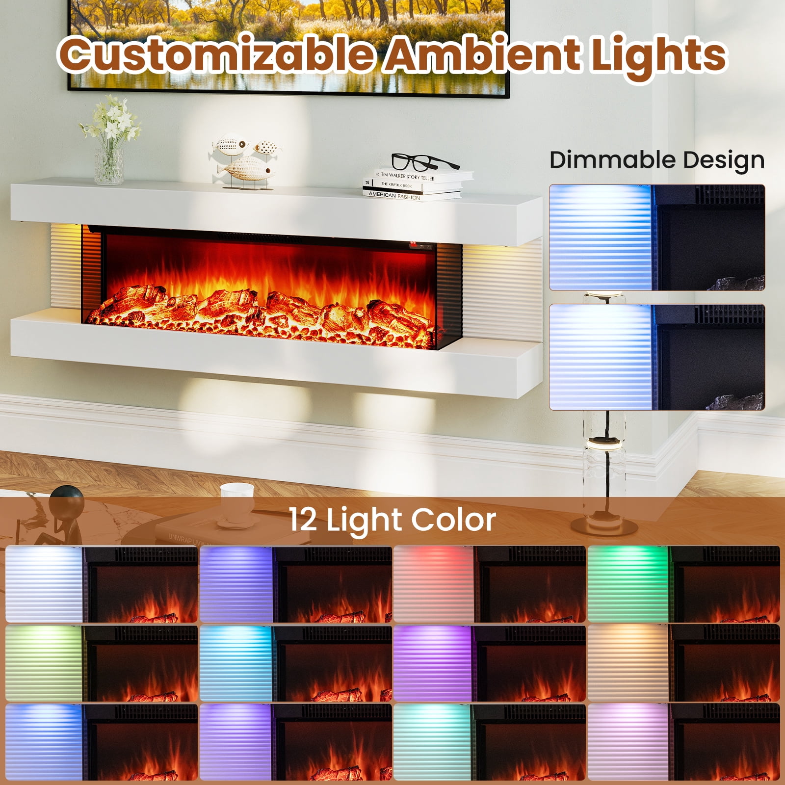 Giantex Wall-Mounted Electric Fireplace Mantel, 18" Fireplace & 32" Floating Mantel w/Overheat Protection & 8H Timer