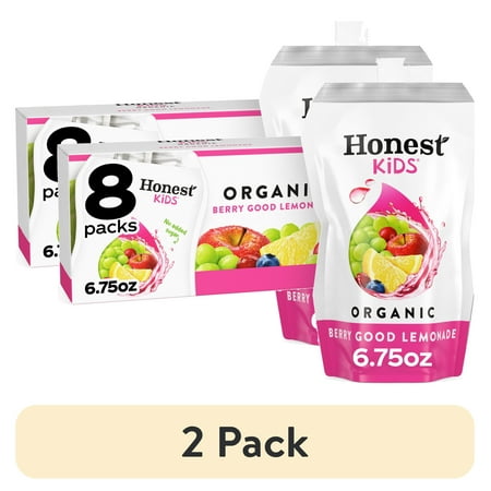 (2 pack) Honest Kids Berry Good Lemonade Organic Juice Drink Pouches, 6.75 fl oz, 8 Pack