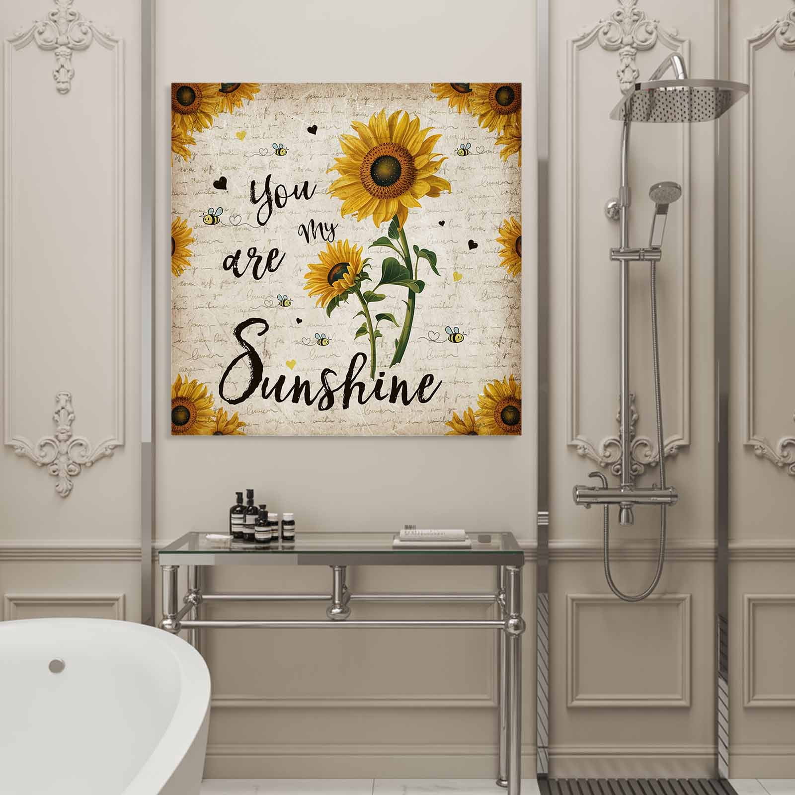 Vintage Sunflower Framed Canvas Wall Art, You Are My Sunshine Floral Bee Beige Letter Wall Art Painting for Living Room Bedroom Home Decor, 16”x16”, Office Artwork Print