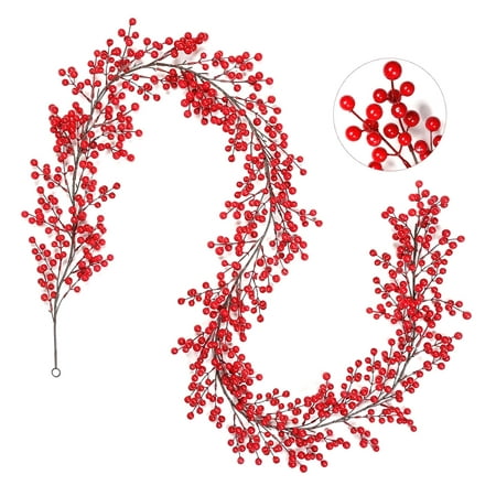 SKYSONIC Red Berry Garland 8.9 FT Christmas Holly Berry Vine for Christmas Tree, Winter Berry Garland for Mantle Xmas Tree Window Door Hanging Indoor