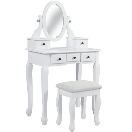 Modern Vanity Set For Bedroom Best Choice Products Bedroom Vanity Hair Dressing Table Set for Makeup, Cosmetics, Beauty w/ Adjustable Oval Mirror, Padded Stool Seat, 5 Drawer Storage Organizers - White ()