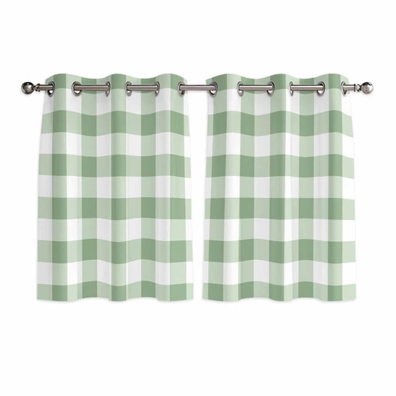 Sage Green Buffalo Plaid Kitchen Curtains Short 45 Inch Length, Green White Checkered Farmhouse Grommet Top Bedroom Living Room Curtains, Light Filtering Cafe Curtain Drapes 2 Panels Set 84''x45''