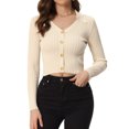 thumbnail image 1 of Suéter Corto de Manga Larga con Cuello En V para Mujer Allegra K Jersey de Punto Acanalado Beige S, 1 of 5