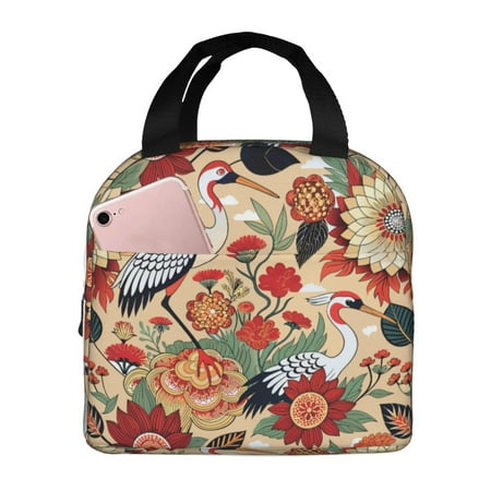 Insulated Lunch Bag for Women Men - Fresh red Flowers Cranes Leakproof Cooler Lunch Box for Women Men  Lunch Tote Bags for Work School Picnic Travel