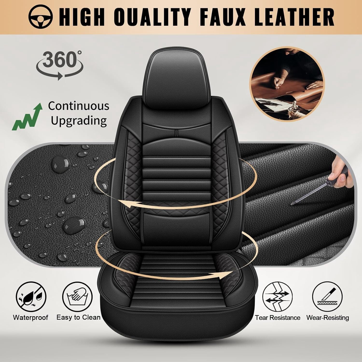 LAONNVIR Full Set Fit for Toyota RAV4 2013-2024 2025 Car Seat Cover Leather Waterproof Automotive Cushion Protector (Black,5 Seats)