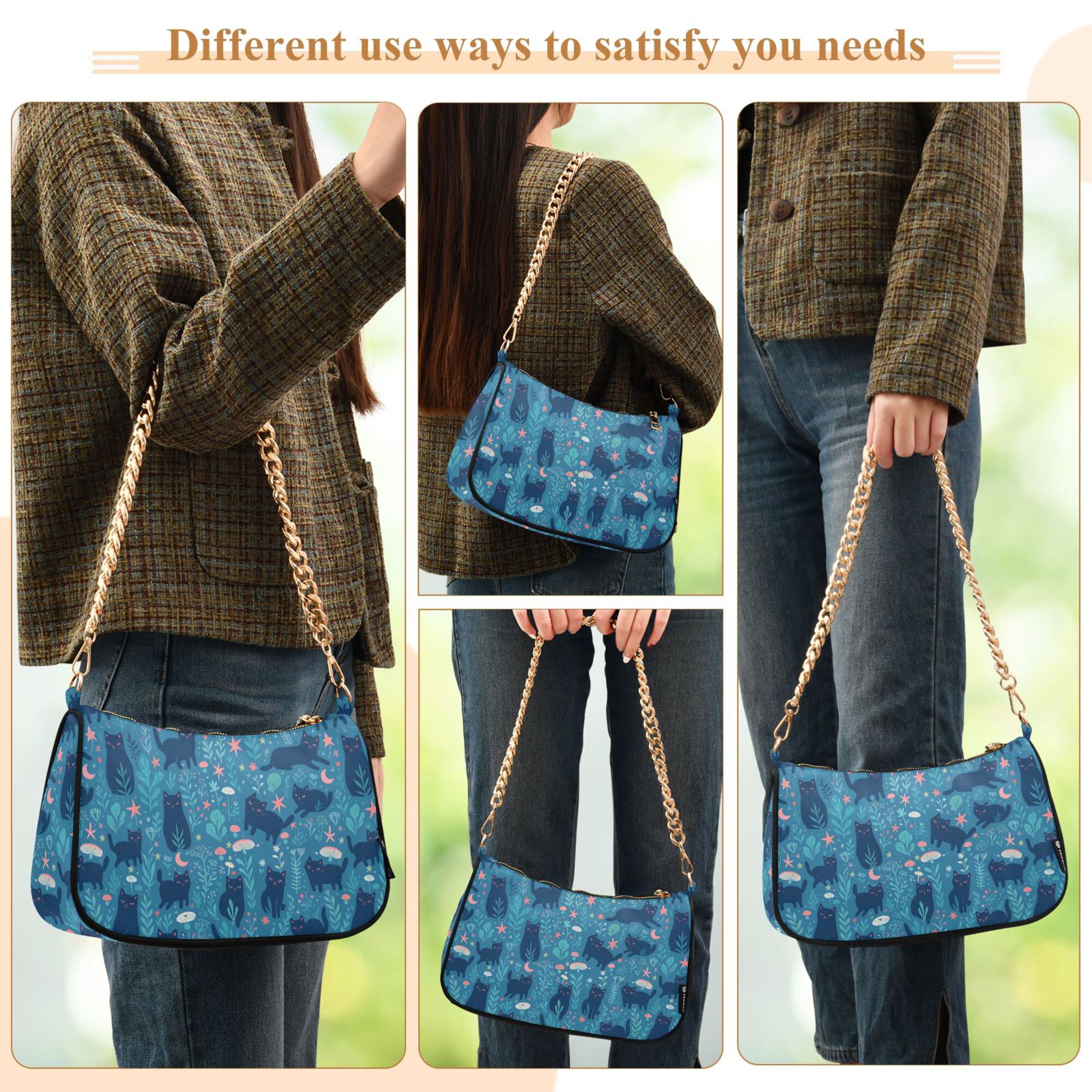 FORMRS Womens Shoulder Bag with Chain Strap Clutch Purse Cute Tote Handbag, Blue Forest Cat Pattern