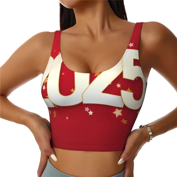 Fotbe Happy New 2025 Year Sujetador Deportivo Largo sin Aros para Mujer con Almohadillas y Soporte Medio, Transpirable y Absorbente, Camiseta Tipo Chaleco o Tank Top-Medium