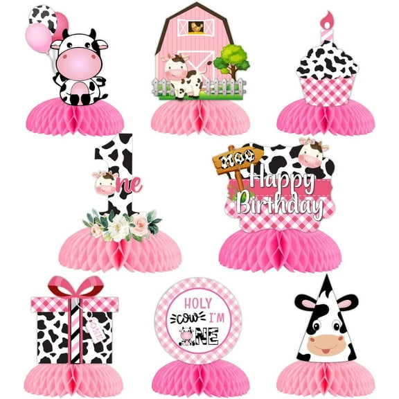 8Pcs Cow Print Honeycomb Centerpieces for 1st Birthday, Holy Cow I'm One Birthday Supplies - Sweet Pink Farm Animal First Birthday 3D Table Topper for One Year Old Girls
