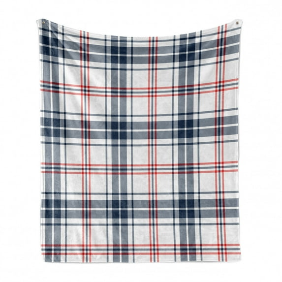 Abstract Soft Flannel Fleece Throw Blanket, English Style Tartan Motif Old Fashioned Cultural Striped Display, Cozy Plush for Indoor and Outdoor Use, 50" x 60", Violet Blue Orange White, by Ambesonne