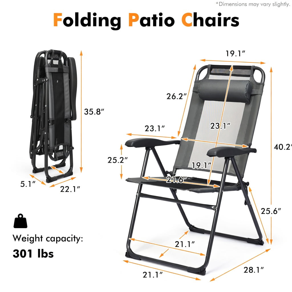 Hommoo 2-Pack Outdoor Adjustable Folding Recliner Chairs, 7-Position Backrest, Steel Frame & Breathable Oxford Fabric, Heavy-Duty Patio, Camping & Poolside Seating, Gray