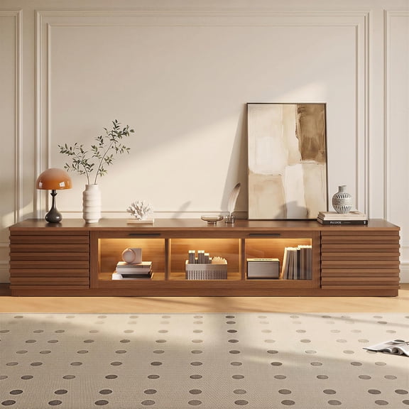 Modern Walnut Entertainment Center for 80" TV | Slatted Fluted TV Stand with App-Controlled LED Lights & 5 Cabinets