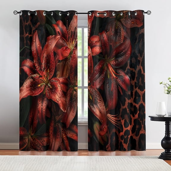 Red Lily Blackout Curtains, Floral Plant Drapes for Bedroom Living Room, Botanical Window Treatments with Grommet Thermal Insulation 26"W x 45"L (2 Pack)