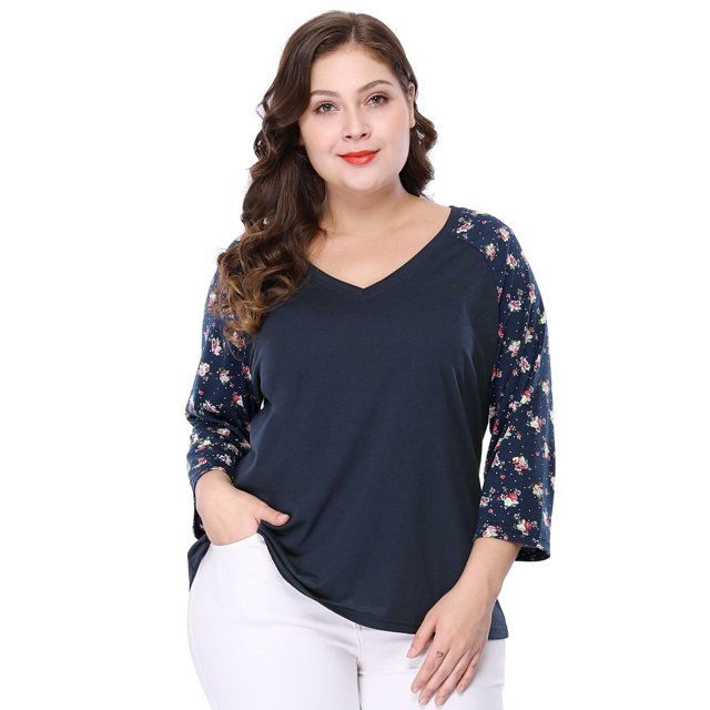 BluEstampado Floral Raglán De Man3/4 Cuello V TalGrande PaMujer Azul 4XL