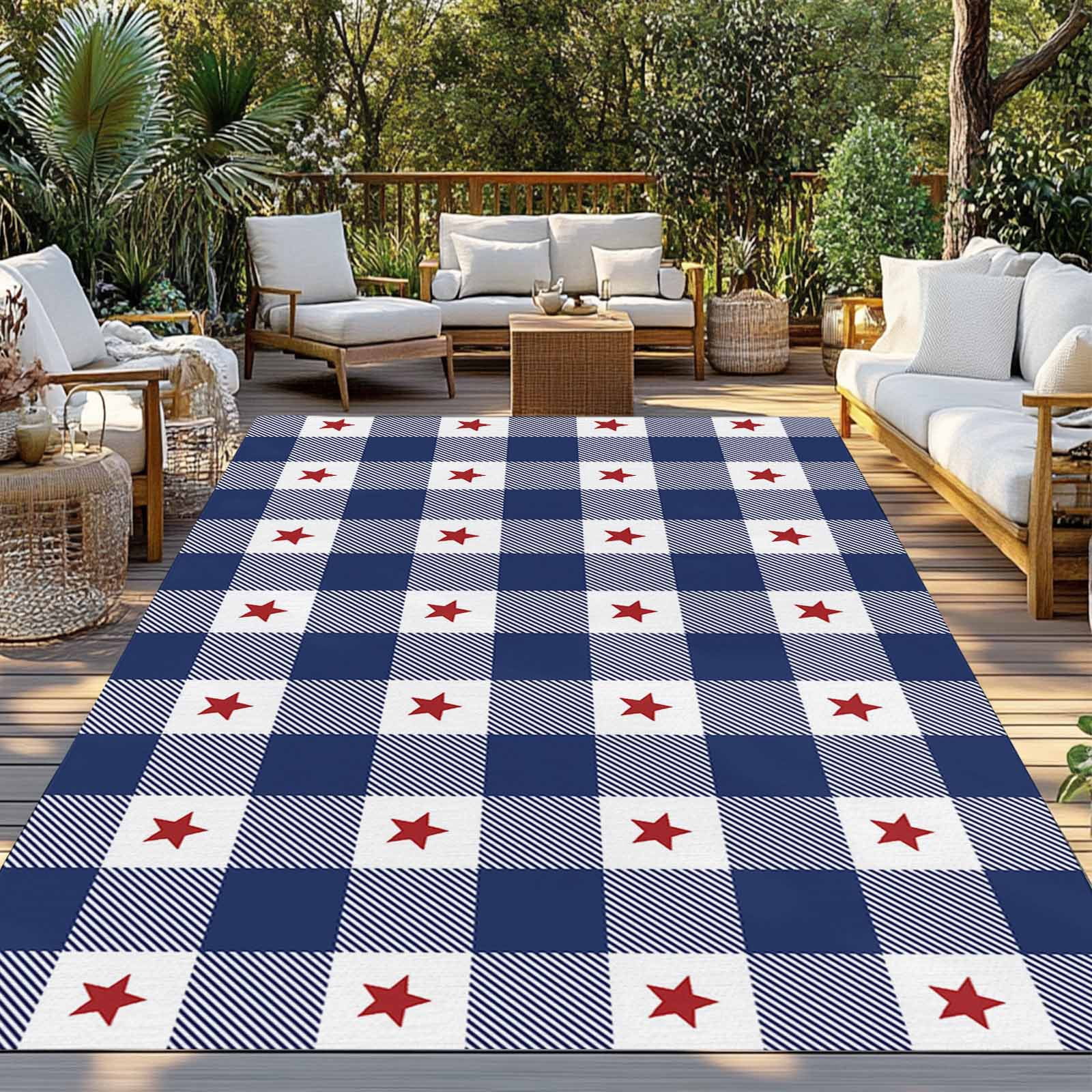 Outdoor Rug 4x6 ft 4th of July Red Americana Stars Waterproof Outdoor Patio Rug Mat Non Slip Outside Area Rugs Carpet for RV,Camping,Porch,Deck,Pool,Balconybackyard,Blue White Check Plaid