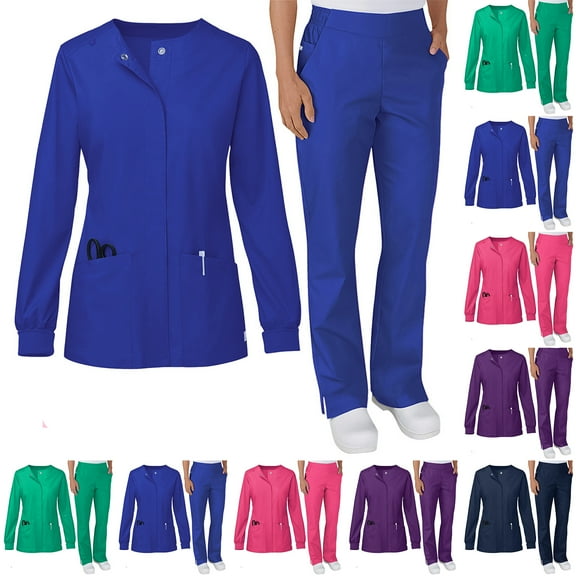 ASDFVBKG Scrubs for Women Sets Round Neck Snap-Front Medical Nursing Uniform Jogger Suit Nurse Tops & Cargo Pant with 6 Pockets Long Sleeve Casual Warm-Up Jacket Workwear Blue 2XL