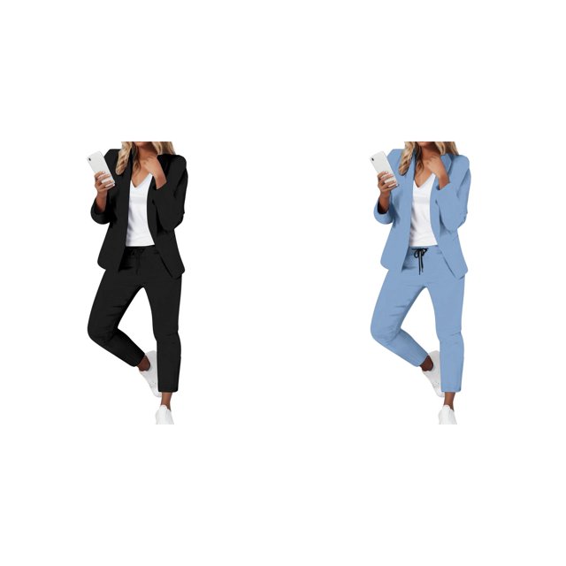 (2-Pack) Rinsvye Womens Solid Long Sleeve Pants Suit Set With Pockets Elastic Waistband Tailored Fit Business Formal Wear