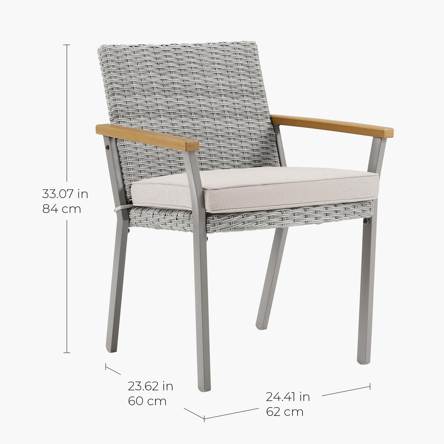 SONGMICS HOME Sencillo Collection - Dining Chair, Armchair, Patio Chair, with Faux Wood Armrests, Synthetic PE Rattan, Gray and Beige