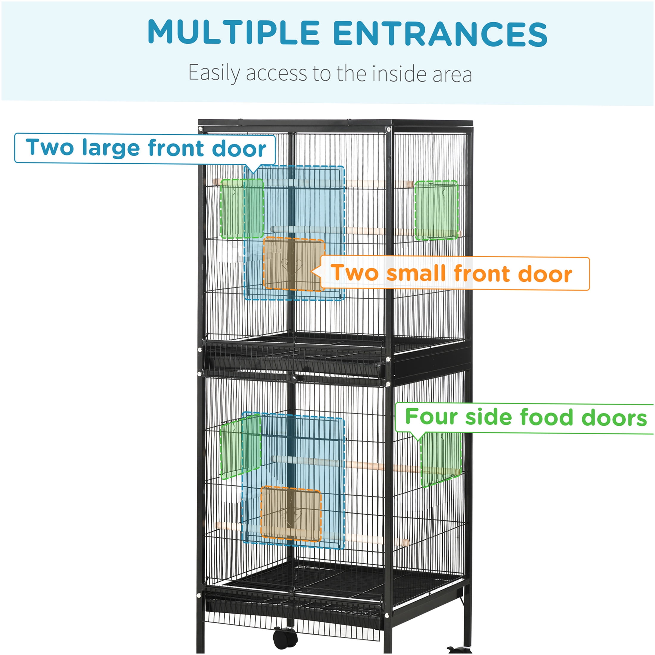 JERFIT 55" Large Black Wood Bird Cage for Parakeets, Canary & Conure - Wide 20.5" Flight Aviary with 4 Wheels, Multi-Doors & Easy Clean Tray