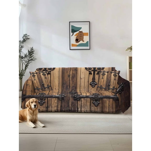 Rustic Wooden Door Couch Cover Sofa Covers 3 Cushion Sectional Couch, Brown Black Farmhouse Country Vintage Washable Sofa Covers Slipcover Sectional Sofa Cover, Furniture Protector 71"x150"