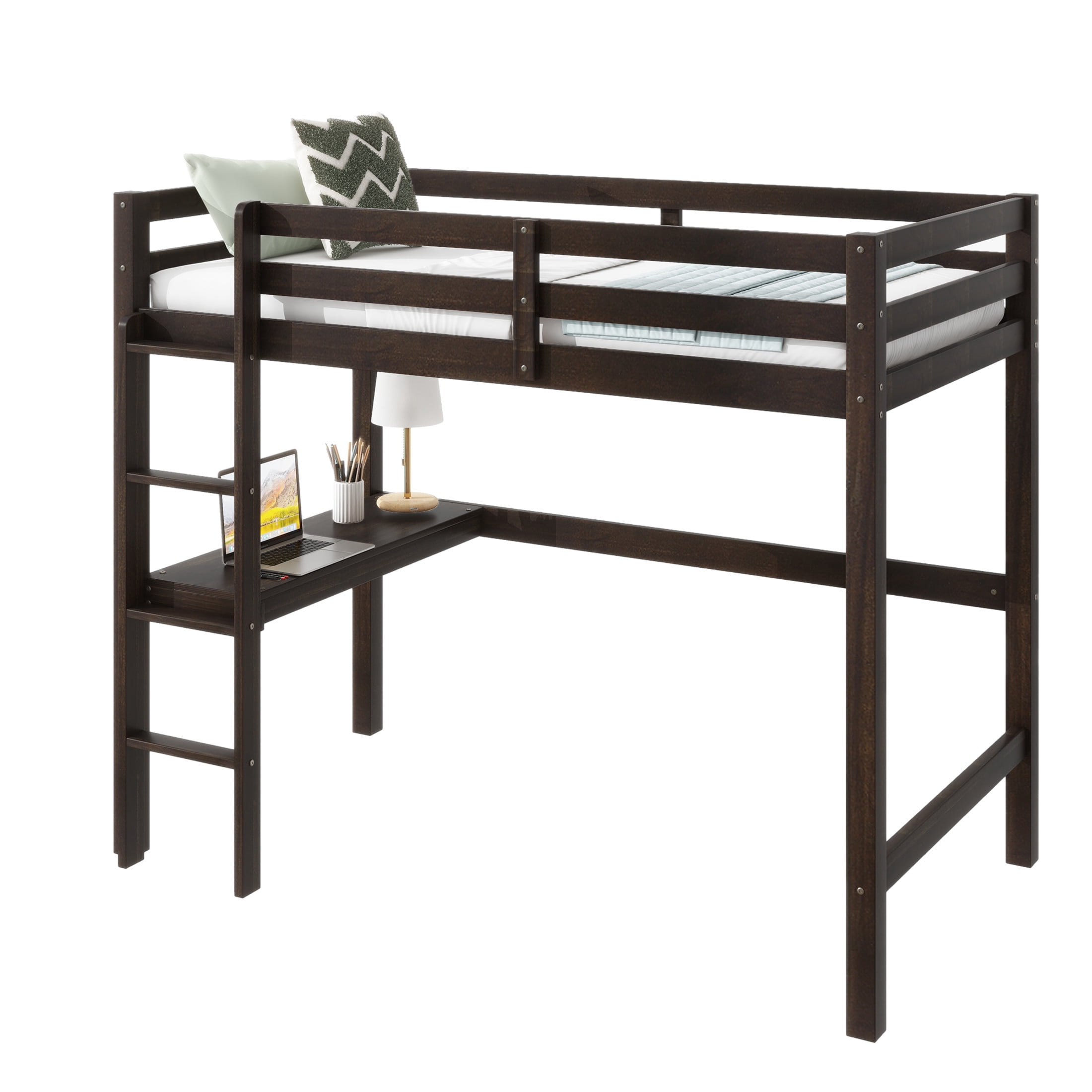 Noble House Aven Twin High Loft Bed with Built-in Desk and Ladder, Rubber Wood Loft Bed, Safety Guardrail, Espresso