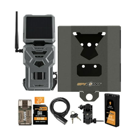 Spypoint FLEX-S DARK Cellular Trail Camera with Solar Panel (Gray) Bundle with Battery Pack Steel Security Box (Gray) Mounting Arm (Black) Memory Card Cable Lock and Card Reader (7 Items)