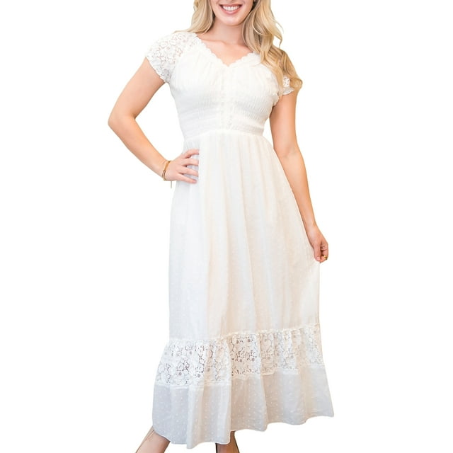 Robe Maxi à Manches Cap, Bordure en Dentelle, Style Bohème Renaissance Paysanne pour Femme, Crème, Moyen