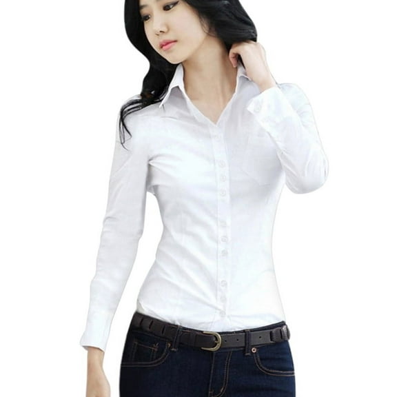 Women Lady Lapel Collar Short/Long Sleeve Button Shirts Office Blouse