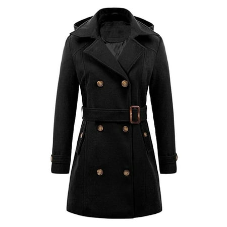 2DXuixsh Women Winter Coat Slim Fit Lapel Neck Long Sleeve Padded Warm Wool Blend Coat Thicken Jacket with Lace up Outdoor Hooded Windbreaker Black Size M