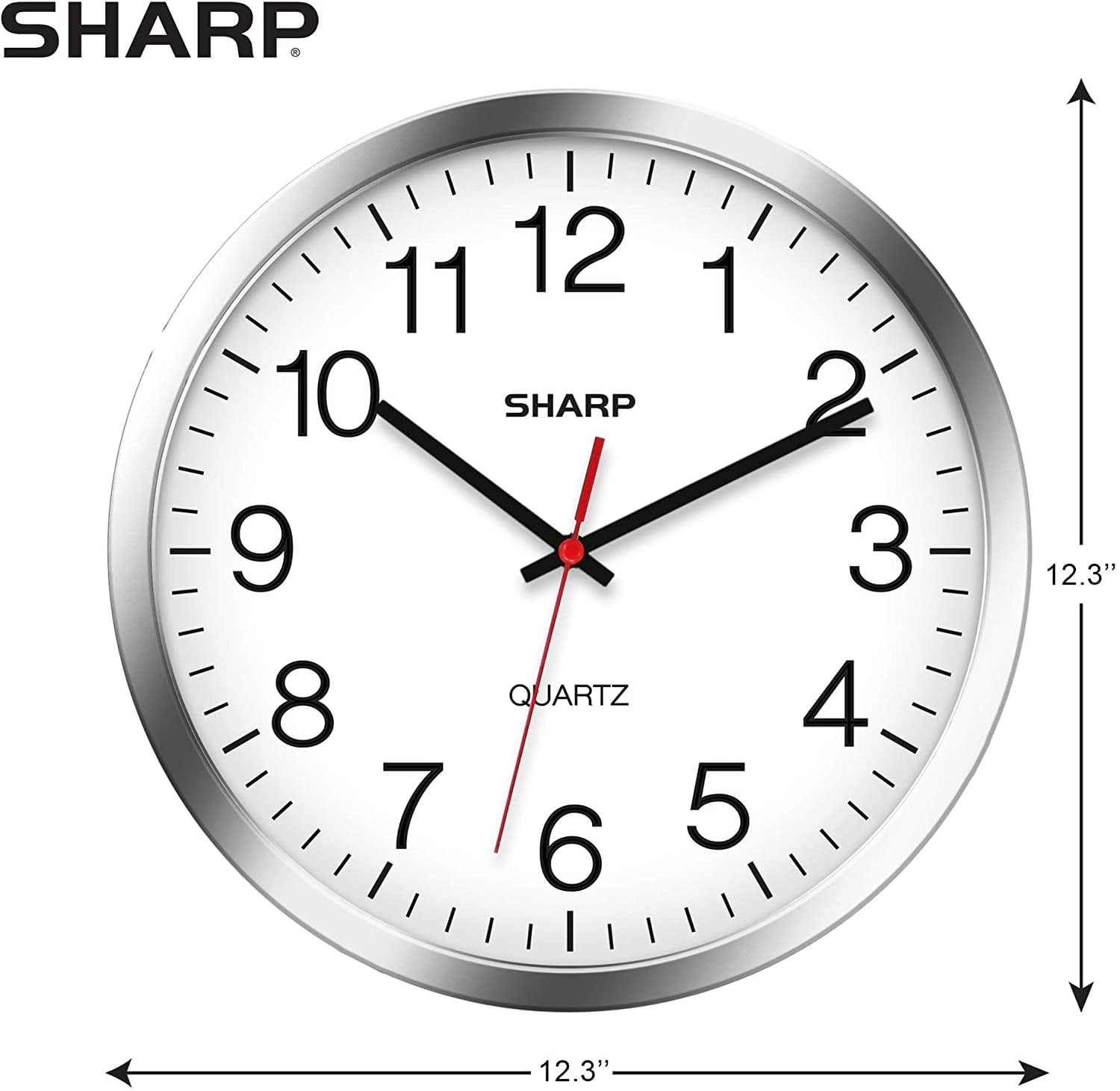 Sharp Modern 12" Quartz Round Wall Clock, Silent Non-Ticking, Silver/Chrome Frame for Home & Office