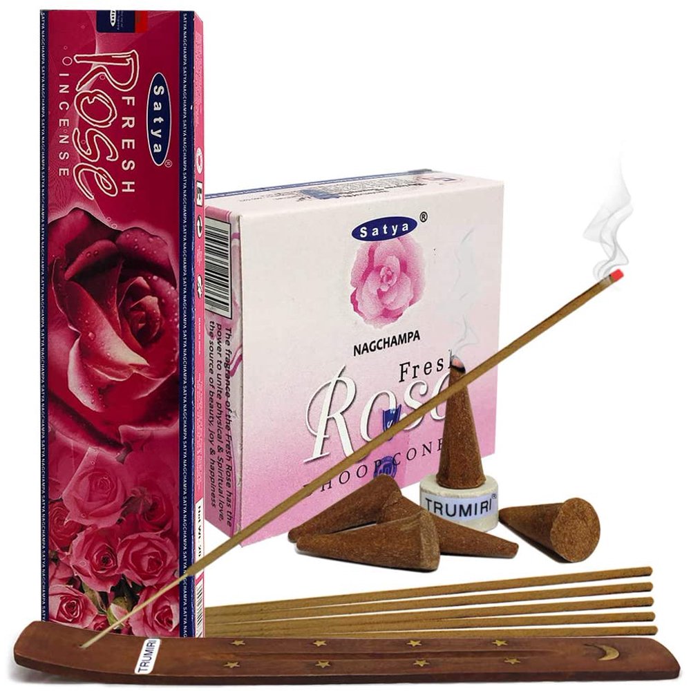 Rose Incense sticks and cone incense holder variety pack bundle