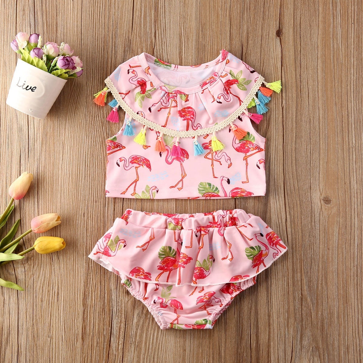 Little Girls Flamingo Swimsuit Set Fashion Tassel Sleeveless Top and ...