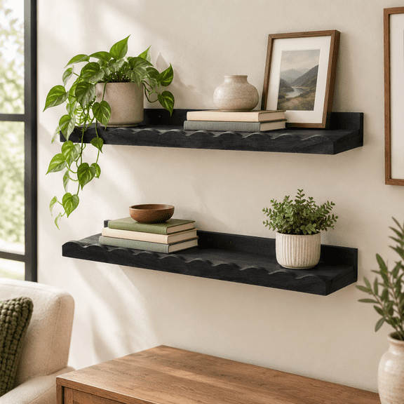 2 Scalloped Floating Wall Shelves 12" Black