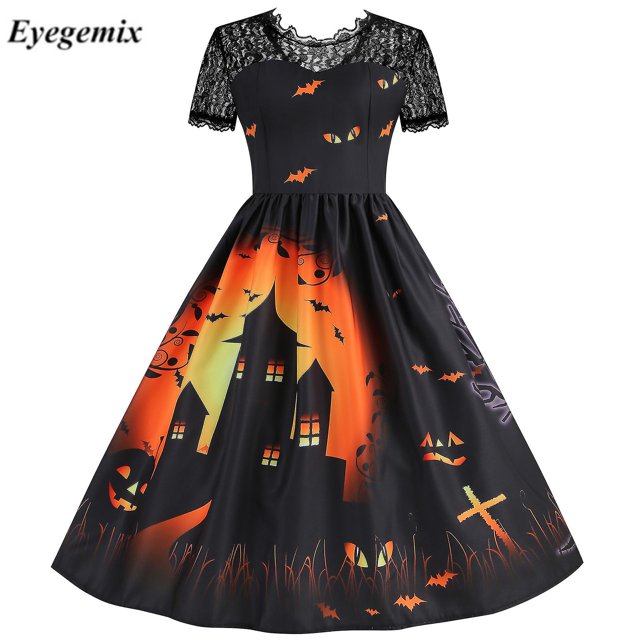 Vestido Retro de encaje para Halloween, disfraces de mujer de manga corta de los años 50 y 60, vestidos de fiesta Vintage con calavera y bruja, ropa aterradora para Halloween, Cosplay