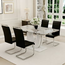 NYEESS 63" White Faux Marble Rectangular Dining Table Set with 4 PU Chairs, Modern Style for Kitchen or Dining Room