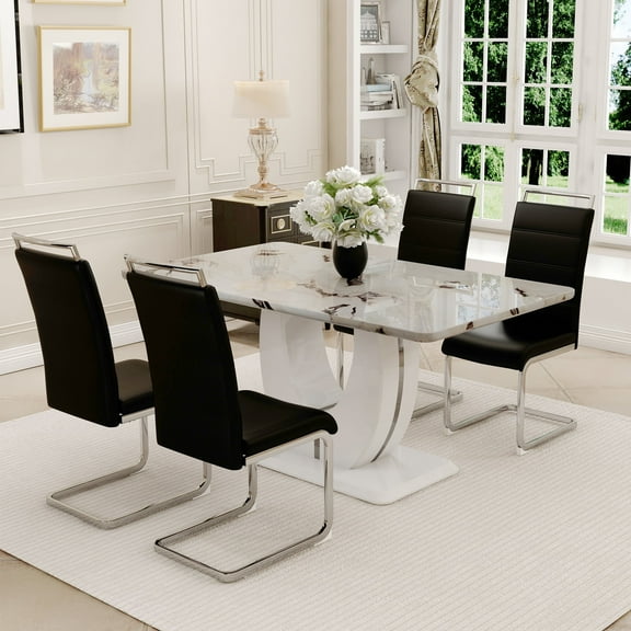 NYEESS 63" White Faux Marble Rectangular Dining Table Set with 4 PU Chairs, Modern Style for Kitchen or Dining Room