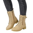thumbnail image 2 of Lace up Winter Motorcycle Boots for Women Furry Lined Low Heel Side Zipper Mid Calf Combat Boots Waterproof Warm Snow Booties Brown Size 8.5, 2 of 8