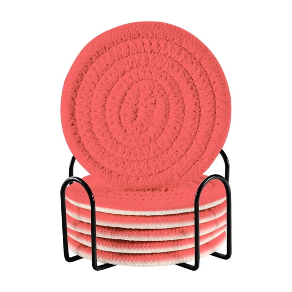 Haosy Set of 6 Drink Woven Coaster with Holder Heat Resistant Non-Slip Bar Coasters 4 Inches Light Red
