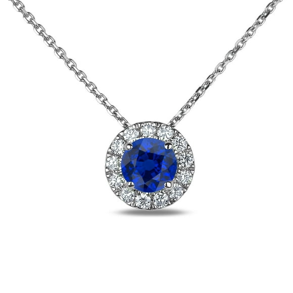925 Sterling Silver Sapphire & 0.10 Cttw Canadian Diamond Halo Pendant And Chain