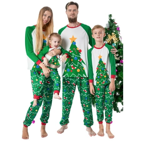 

QAFOPEH Women Christmas Print Raglan Sleeve Top With Long Pants Family Pajamas Sets
