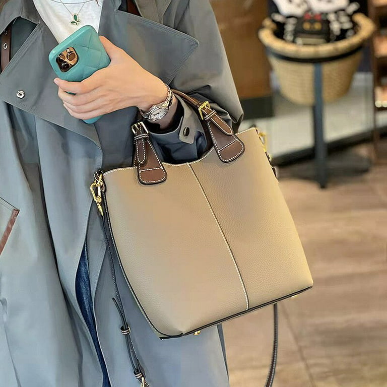Soft Cowhide Leather Bucket Bag for Women Shoulder Bag Soft Ladies Casual  Crossbody Bags (Color : Gray1)