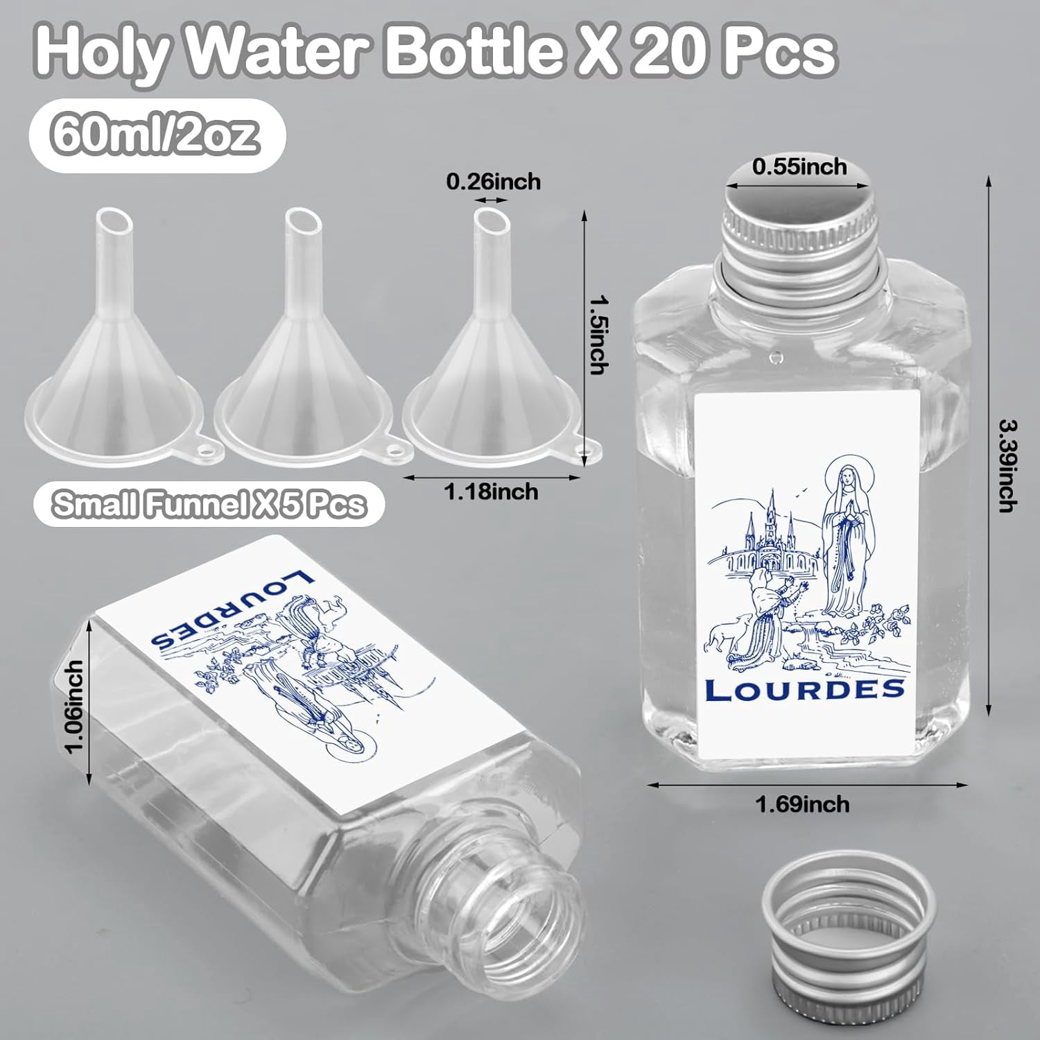 20 Pcs Holy Water Bottles with 5 Pcs Funnels 2 oz Our Lady of Bottles Holy Water Empty Container for Catholic Christian Church Communion Gift Baptism Favors