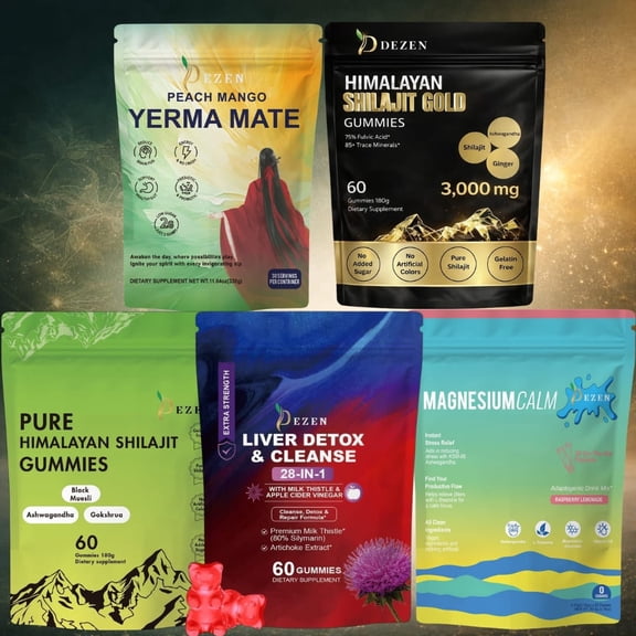 5-Pack Overall Wellness Bundle – Shilajit Energy Gummies, Liver Detox Cleanse Gummies, Yerba Mate Tea, Calm Magnesium Drink Mix