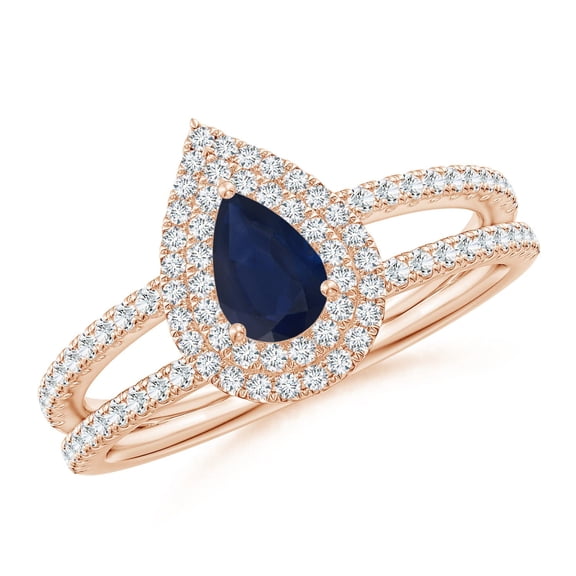 ANGARA Natural Split Shank Pear Sapphire and Diamond Double Halo Ring in 14K Rose Gold for Women (Size-6x4mm) | September Birthstone, Anniversary, Jewelry Gift for Women | Natural Blue Sapphire Ring
