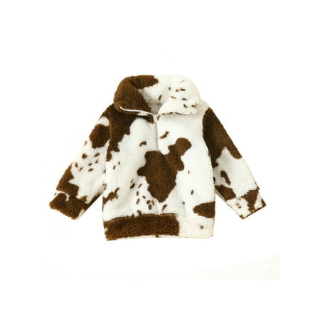 

JYYYBF 0-3 Years Toddler Baby Boy Girls Winter Warm Fleece Coat Long Sleeve Lapel Cow Print Zipper Outerwear Kids Jacket Brown 2-3 Years