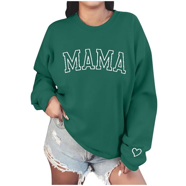 Sudaderas Penkiiy Mama para mujer Sweatshirt de cuello crewneck de gran tamaño holgado Suéter de manga larga para el Día de la Madre S Verde