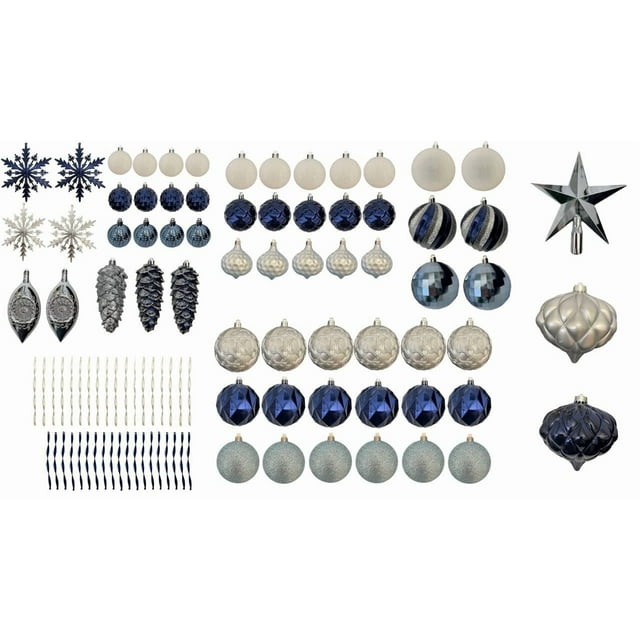 Période festive Assortiment de 100 ornements bleu, blanc et argent